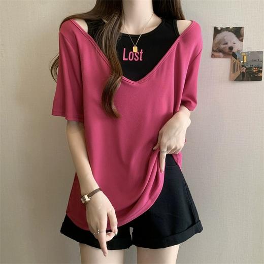 丁摩 夏季新款洋气短袖t恤女宽松遮肉显瘦假两件上衣女5ZF-D31 商品图0