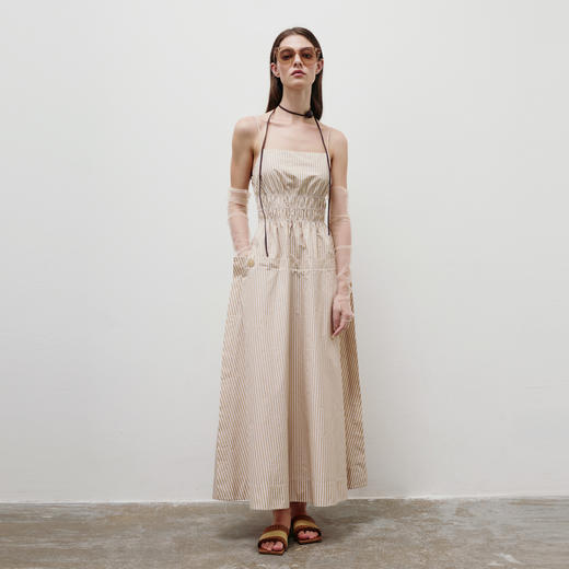 lost in echo2025春夏新款A字抽褶露背收腰显瘦条纹吊带长连衣裙 商品图3