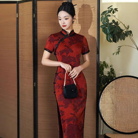 日常压皱醋酸缎国风红色长款中老年改良旗袍XL1233