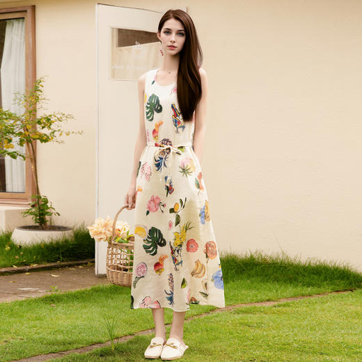 谜底花色连衣裙无袖女2025秋季新款度假风圆领修身长裙257ML7758 商品图0