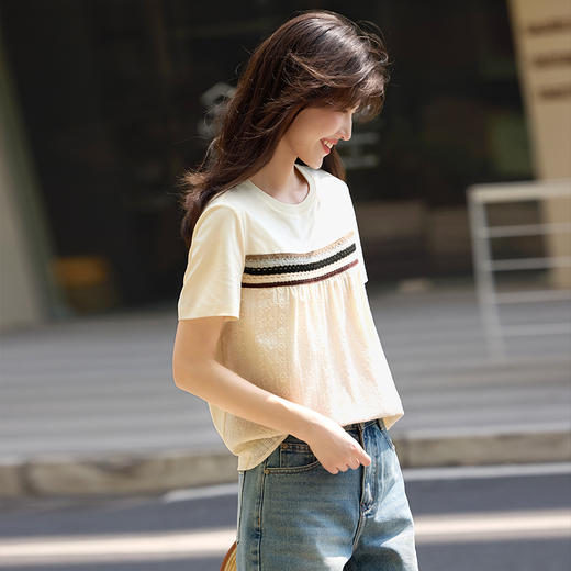 熙世界2025夏新款轻民族风条纹织带T恤女短袖设计感圆领休闲上衣 商品图3