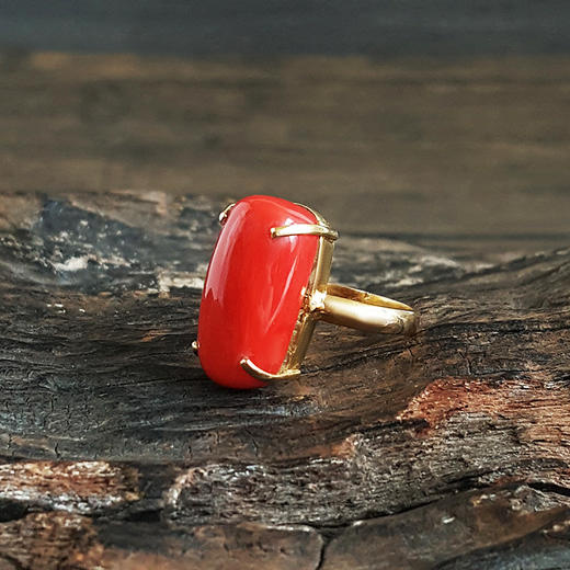 【天然正品】AU750黄金镶天然沙丁红珊瑚戒指19号（戒圈可改）中性款现售价：3980！030425AH27 商品图3
