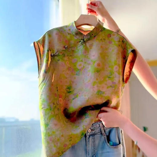 丁摩 新款新中式国风绿色提花旗袍小衫复古轻奢红罗上衣5ZF-066 商品图4