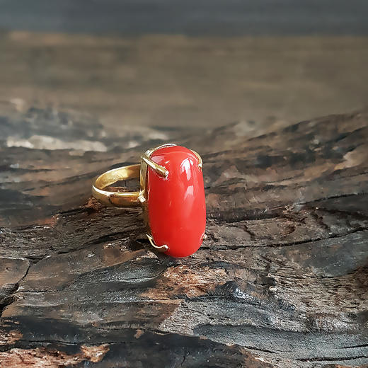 【天然正品】AU750黄金镶天然沙丁红珊瑚戒指19号（戒圈可改）中性款现售价：3980！030425AH27 商品图2