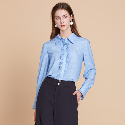 【清爽蓝条纹花边衬衫】EITIE爱特爱气质通勤直筒显瘦秋新款C2509810 商品图2