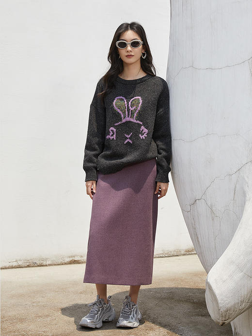 童趣风深灰色彩点针织毛衣 圆领宽松落肩 粉色兔子提花减龄显瘦秋冬上衣 商品图1