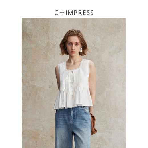 C+IMPRESS/西嘉亚麻天丝重工 度假风方领法式露锁骨上衣女夏无袖CS2502125 商品图1