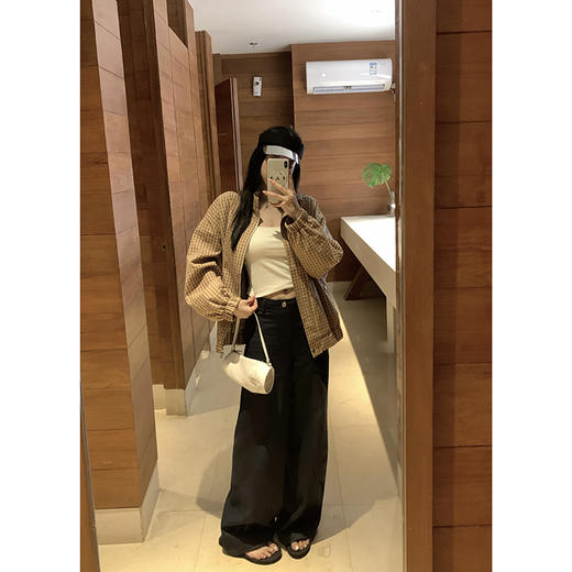 EKOOL衣库 美拉德系复古格子外套女春秋宽松显瘦拉链开衫立领上衣 商品图3