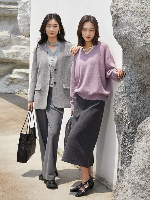 深灰撞白腰头阔腿裤 垂感宽松九分裤 简约通勤风质感休闲西装裤 商品图1