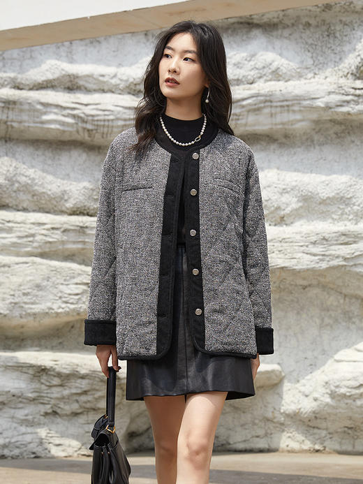 质感控必入 银灰混纺肌理纹 黑边点缀圆领单排扣复古小香风短外套 商品图1