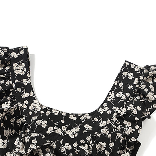 西遇修身碎花连衣裙女夏季新款法式收腰荷叶边黑色V领长裙SS050984 商品图5