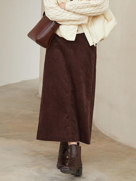 秋冬复古咖色灯芯绒高腰过膝半身裙 显瘦遮胯 A 字版型后开叉设计感通勤百搭长裙 商品图0