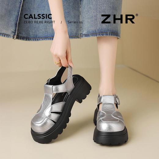 ZHR则则银色罗马凉鞋女2025新款厚底休闲鞋编织猪笼镂空包头凉鞋 商品图6