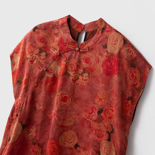 丁摩 真丝香云纱短袖旗袍连衣裙女玫瑰印花100桑蚕丝立领斜门襟裙5ZF-52060 商品图1