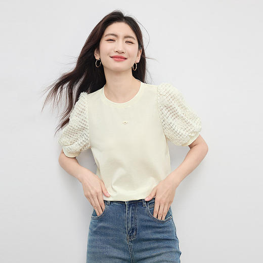 熙世界设计感花苞袖蓝色T恤女夏季休闲宽松显瘦圆领上衣2025新款 商品图2