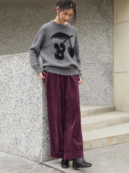 复古酒红色灯芯绒阔腿裤 高腰松紧腰显瘦长裤 秋冬垂感休闲卷边直筒裤 商品图2