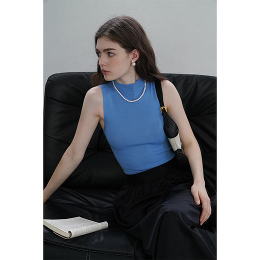 丁摩 法式半高领羊毛针织衫无缝一体蓝色背心高级感上衣女5ZF-24315 商品图2