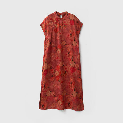 丁摩 真丝香云纱短袖旗袍连衣裙女玫瑰印花100桑蚕丝立领斜门襟裙5ZF-52060 商品图5