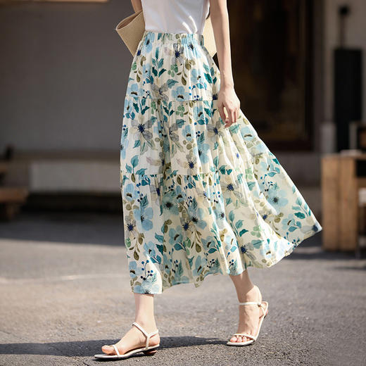 【专属特价】熙世界植物系碎花半身裙女夏季2025年新款压褶蓬蓬裙雪纺a字裙子 商品图3