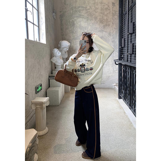 EKOOL 撞色拼接休闲裤女秋季宽松直筒阔腿长裤 商品图1