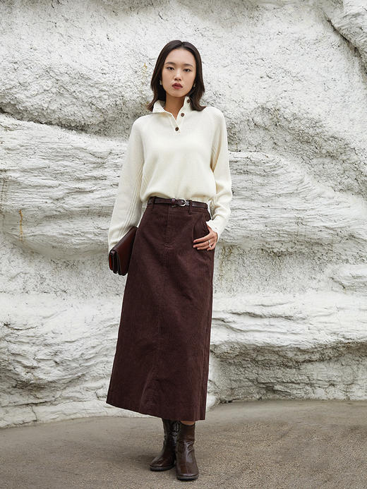 秋冬复古咖色灯芯绒高腰过膝半身裙 显瘦遮胯 A 字版型后开叉设计感通勤百搭长裙 商品图1