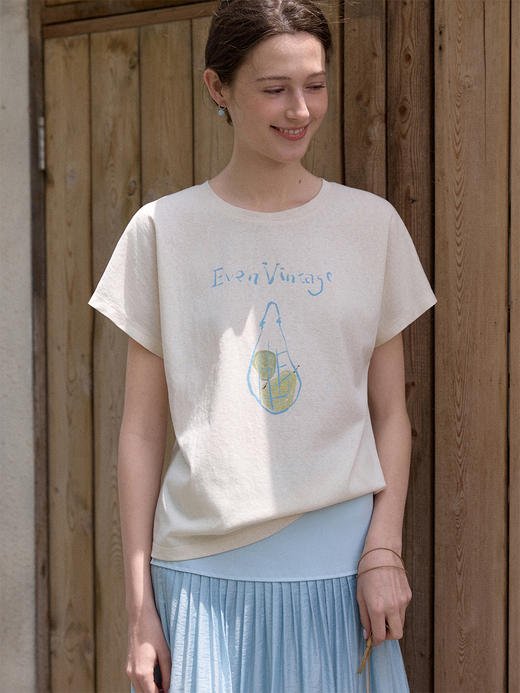 Even Vintage | 棉混纺 竹节纹理夏日绘梨印花休闲百搭短袖T恤新 商品图2