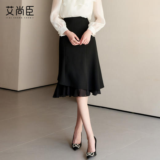 艾尚臣黑色半身裙女2025新款高腰显瘦中长款鱼尾裙一步裙包臀裙子 商品图3