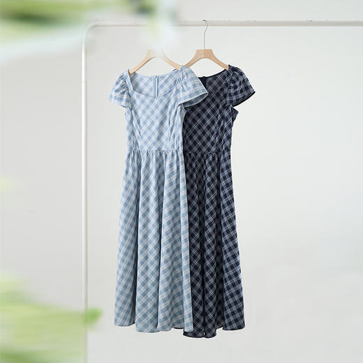 熙世界航海系法式复古格纹连衣裙女夏季飞飞袖方领裙子2025年新款 商品图3