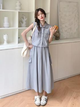 套装【韩系2025】838灰蓝超美色系工装风无袖上衣➕半身裙-喜出