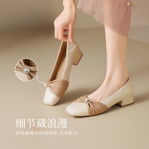 ZHR粗跟浅口玛丽珍鞋女蝴蝶结珍珠奶奶鞋轻便两穿女鞋法式小皮鞋 商品图4