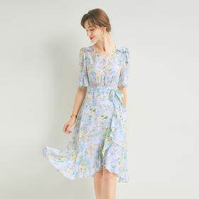 「高货kbnq」全新升级【铂金会员514/天猫689/差价175】(45557)洛诗琳法式真丝印花连衣裙2025夏季新款V领荷叶边真丝裙