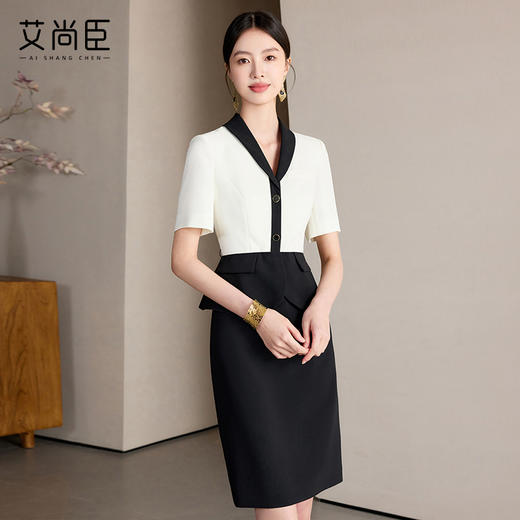 艾尚臣假两件连衣裙女夏季新款短袖气质优雅裙子法式女神范西装裙 商品图2