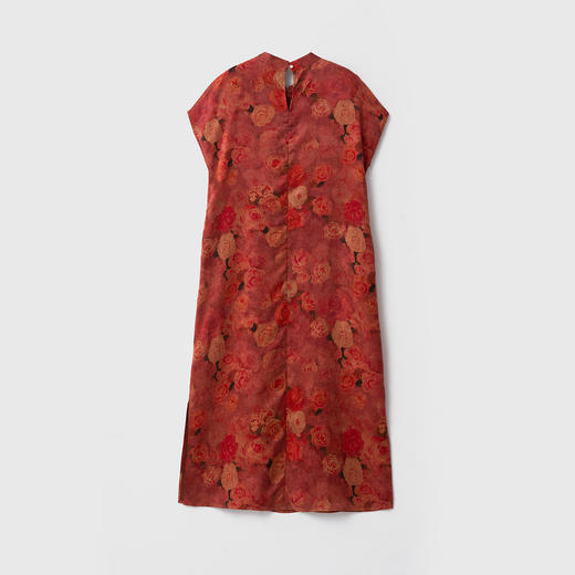 丁摩 真丝香云纱短袖旗袍连衣裙女玫瑰印花100桑蚕丝立领斜门襟裙5ZF-52060 商品图2