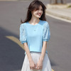 熙世界设计感花苞袖蓝色T恤女夏季休闲宽松显瘦圆领上衣2025新款 商品缩略图4