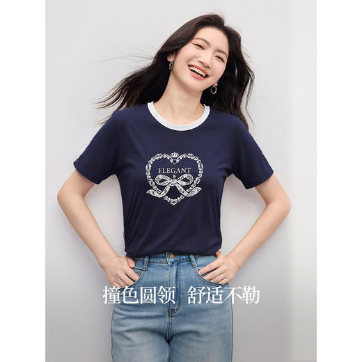 【专属特价】熙世界2025夏季新款美式复古印花正肩t恤女短袖撞色圆领纯棉上衣 商品图1