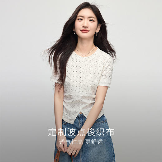【专属特价】熙世界波尔卡波点短袖T恤女收腰显瘦2025夏日新款设计感修身上衣 商品图1