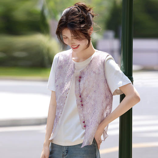 【专属特价】熙世界夏季国风马甲女薄款高级感亮片珠绣新中式无袖坎肩背心上衣 商品图3