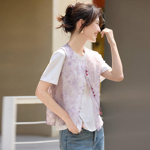 【专属特价】熙世界夏季国风马甲女薄款高级感亮片珠绣新中式无袖坎肩背心上衣 商品图4