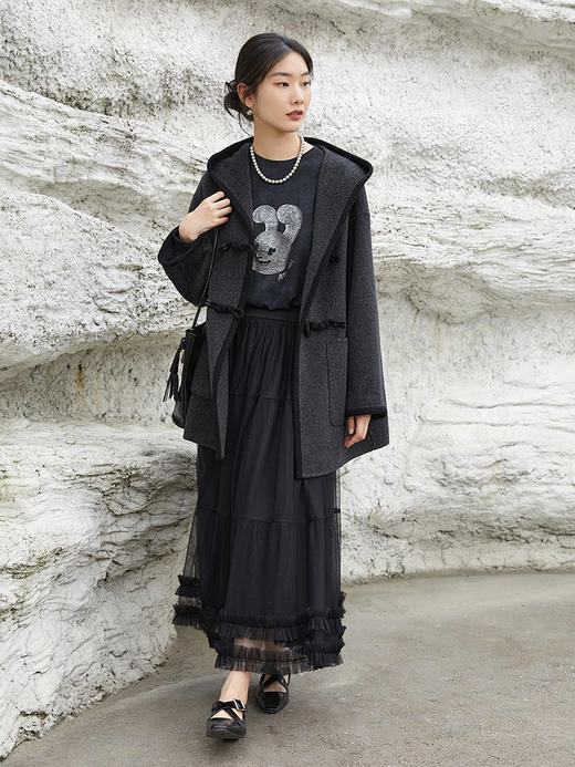 黑色亮片网纱蛋糕裙 高腰多层荷叶边中长裙 秋冬仙气显瘦百搭 a 字半身裙 商品图1