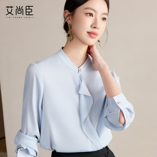艾尚臣衬衫女春夏蓝色长袖上衣2025新款通勤衬衣女士法式气质小衫 商品图0