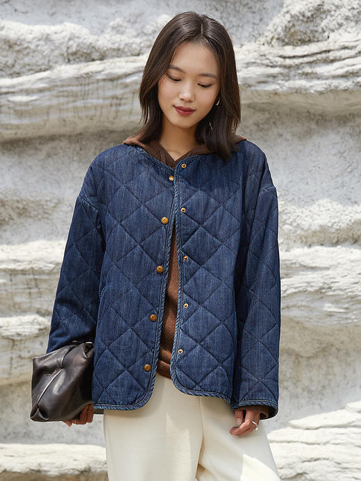 复古做旧水洗牛仔菱格绗缝夹棉外套 无领宽松廓形单排扣落肩袖休闲通勤保暖上衣 商品图0