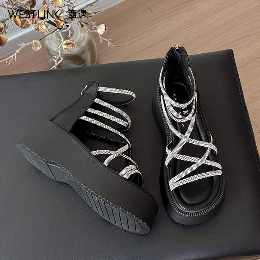 西遇水钻厚底凉鞋女夏季外穿新款绝美法式配裙增高凉靴罗马鞋K1156815 商品图3