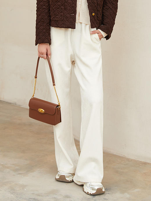 深棕丝绒高腰阔腿裤 松紧腰垂感直筒裤 秋冬复古丝绒休闲长裤 商品图0