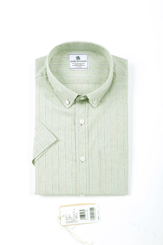 【棉麻混纺  带口袋】占姆士男士棉麻混纺带口袋竖条纹短袖衬衫 商品图2