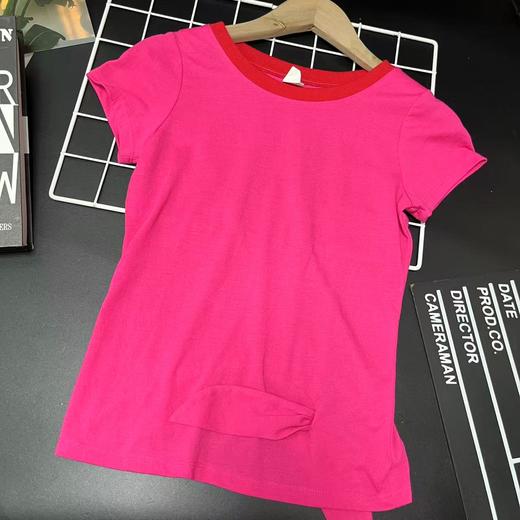 【选2件15元-NO退】130玫红蝴蝶结纯色短袖-微脏-喜出 商品图0