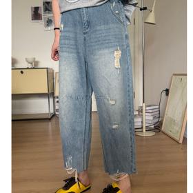 2025新品 软软同款【九分仔裤】休闲宽松薄款百搭直筒复古擦色破洞牛仔裤