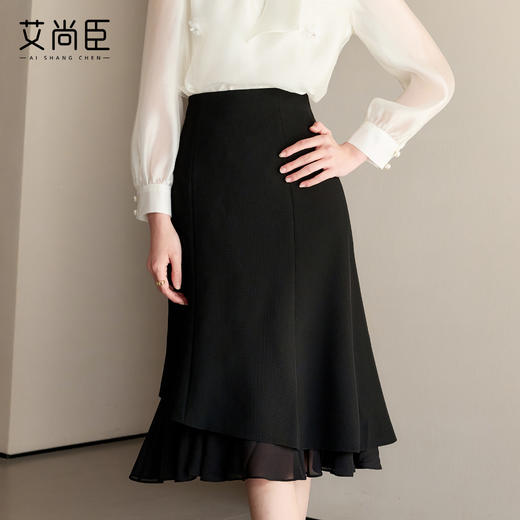 艾尚臣黑色半身裙女2025新款高腰显瘦中长款鱼尾裙一步裙包臀裙子 商品图1