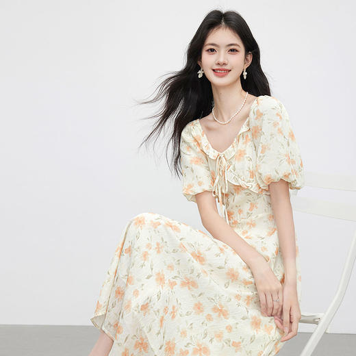 【专属特价】熙世界法式灯笼袖碎花连衣裙女夏日新款浪漫气质收腰显瘦雪纺长裙 商品图4