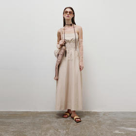 lost in echo2025春夏新款A字抽褶露背收腰显瘦条纹吊带长连衣裙