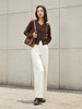 米白色高腰阔腿休闲裤 秋冬宽松显瘦品牌标识装饰百搭直筒裤 商品缩略图1
